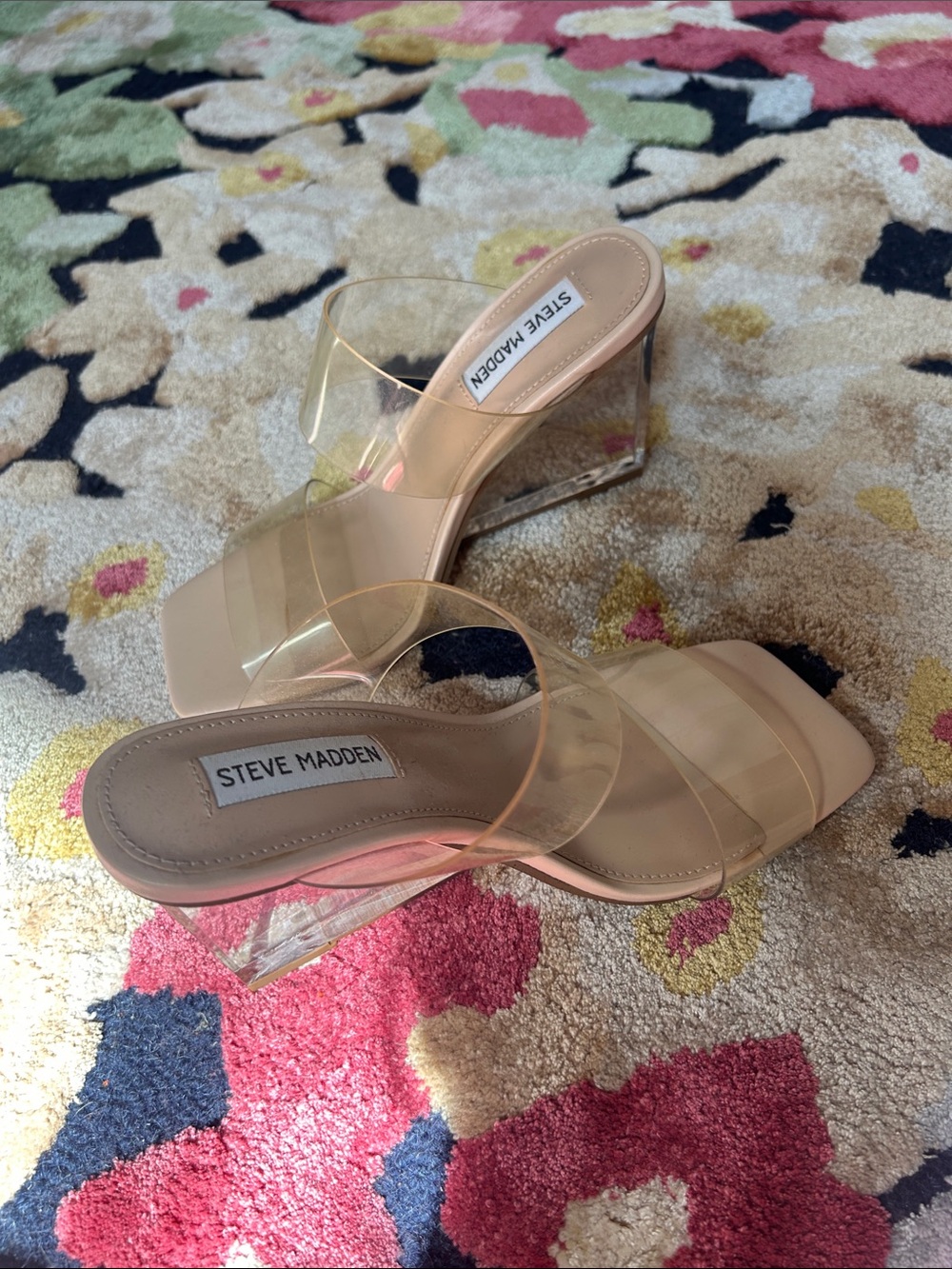 Steve Madden Clear Strap Nude Block Heel Mules